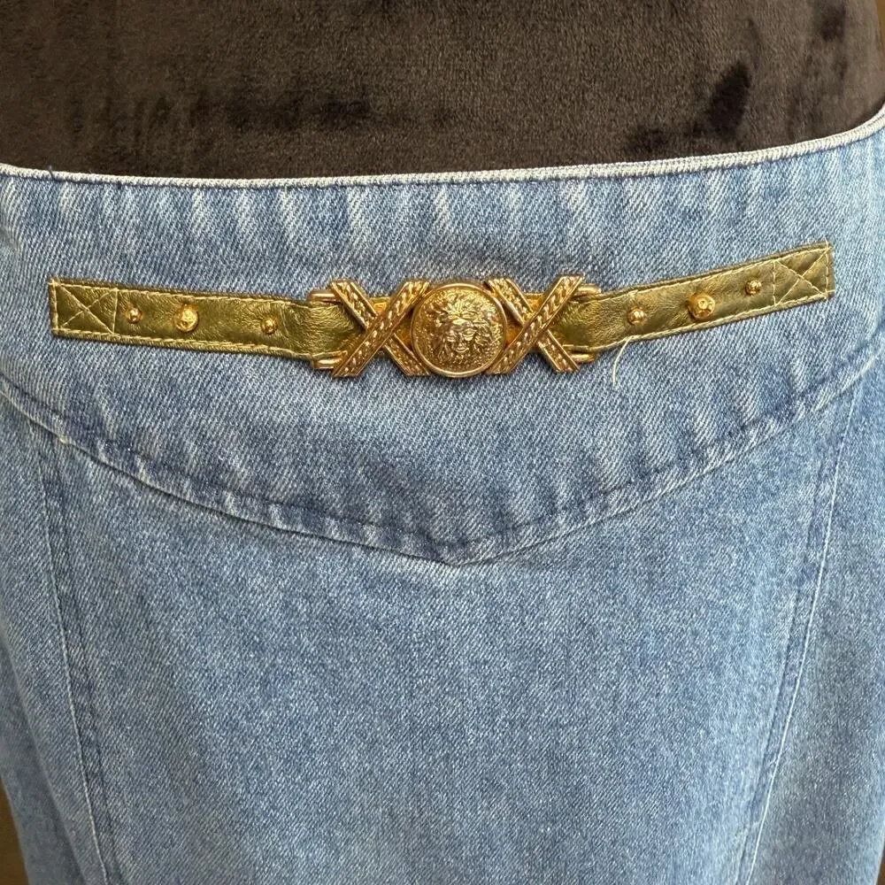 Vintage 80s 90s City Girl Sport Denim Skirt Women’s 14 High Waist Midi Blue Gold